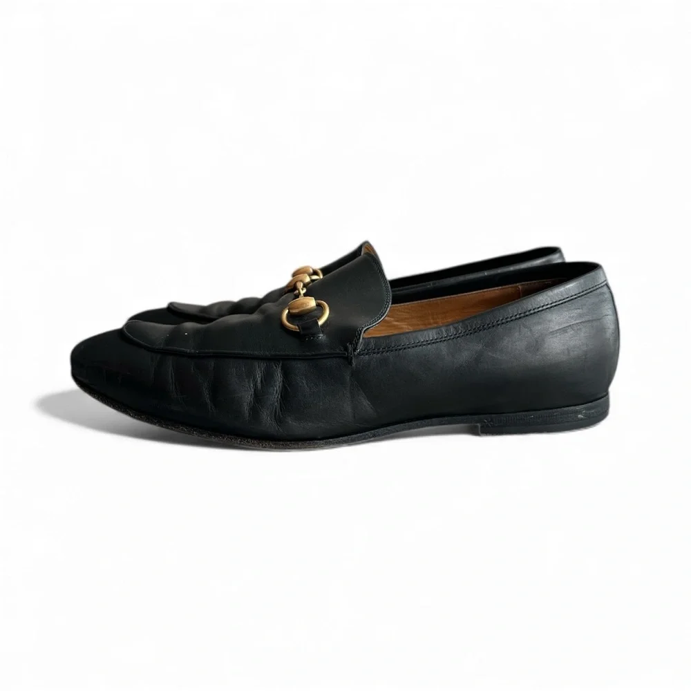 Gucci black men’s Jordaan Loafers with Gold accents made in Italy Sz 6 /US 8